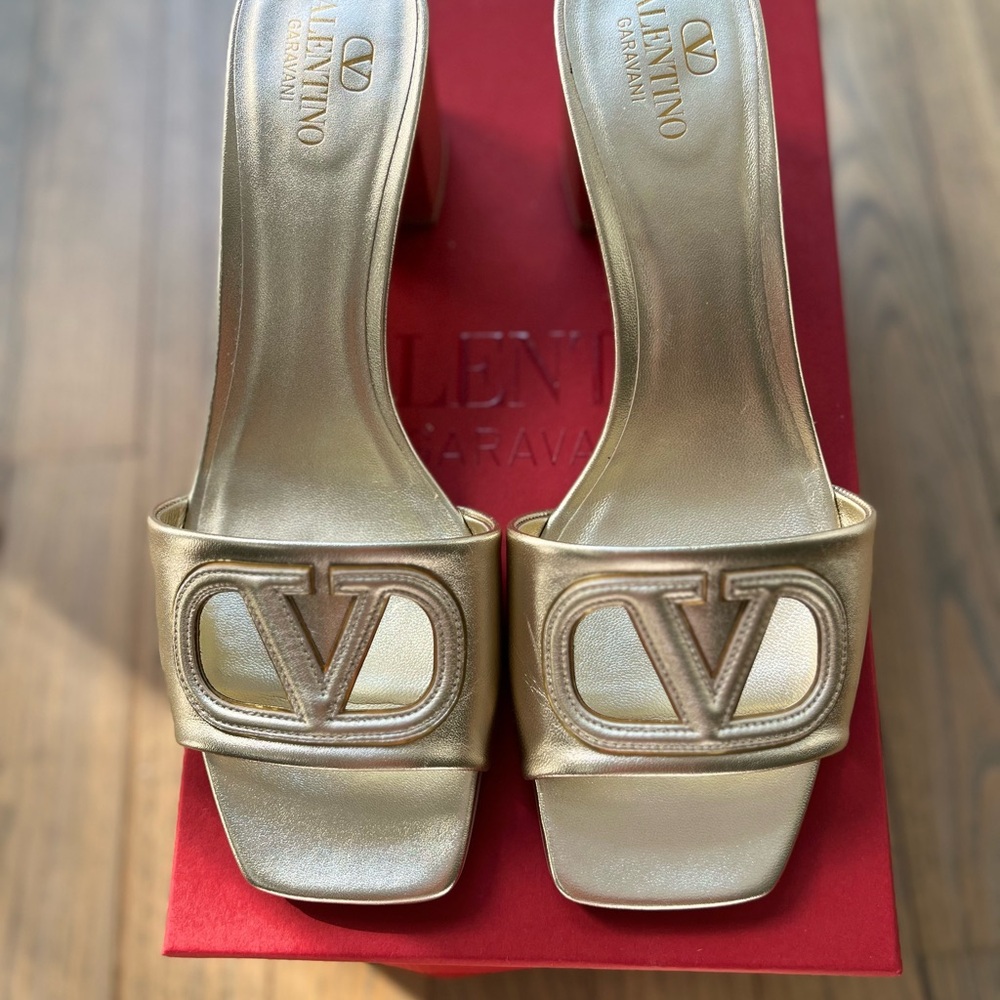 Valentino Garavani Gold Heels with Iconic V Logo